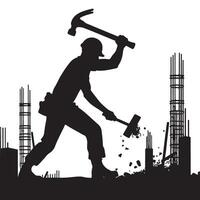 Intense Silhouette Construction Worker Demolishing Concrete Columns Concept Art vector