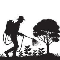 Silhouette of farmer spraying plants tending to field vector