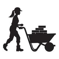 Silhouette of Construction Worker with Wheelbarrow Filled with Bricks vector