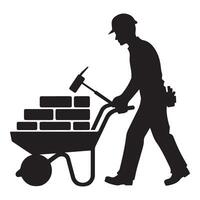 Construction Worker Silhouette Carrying Bricks Black and White Illustration vector