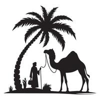 Silhouette of Bedouin with Camel and Palm Tree Illustration vector