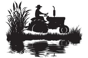 Silhouette of Farmer on Tractor with Water Reflection Illustration vector