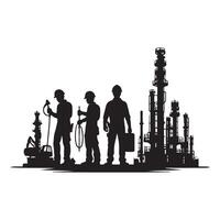Oil Refinery Workers Silhouette Illustration with Industrial Background vector
