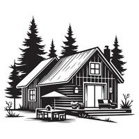 Detailed Cabin with Deck Silhouette Amidst Pine Tree Setting vector