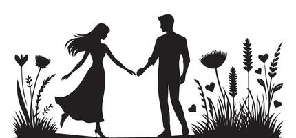 Romantic Couple Silhouette Art Holding Hands in a Meadow Scene vector