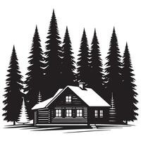 Secluded Black and White Log Cabin Surrounded by Pine Trees vector
