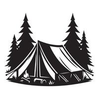 Scenic Campsite Silhouette with Tent Pine Trees and Campfire vector