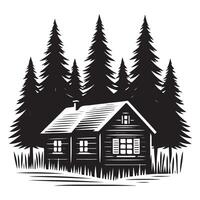 Rustic Log Cabin Silhouette Surrounded By Dense Pine Forest vector