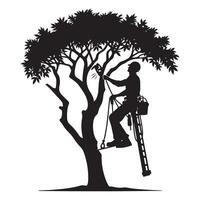 Arborist Silhouette Working High in Tree with Safety Gear vector