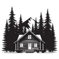 Scenic Log Cabin Illustration With Mountain Backdrop and Pine Trees vector