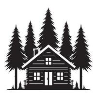 Charming Log Cabin Silhouette Enclosed By Tall Evergreen Trees vector