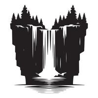 Black and White Cliffside Waterfall Silhouette with Evergreen Trees vector