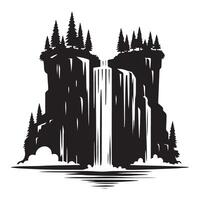 Dramatic Waterfall Silhouette Image with Rocky Cliffs and Pines vector