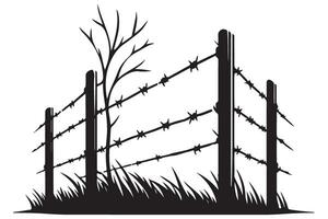 Rustic Barbed Wire Fence Silhouette with Tree Illustration Elements vector