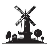 Silhouette Windmill and Farm Illustration Graphic Design Element vector