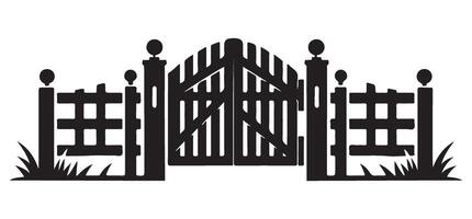 Rustic Wooden Gate Silhouette with Fences and Grass Illustration vector
