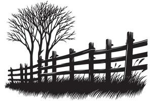 Scenic Wooden Fence Illustration with Tree Silhouette Design Element vector