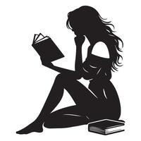Silhouette of woman reading a book with thoughtful pose vector