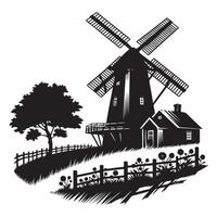 Charming Countryside Illustration with Windmill House Tree and Fence Art vector