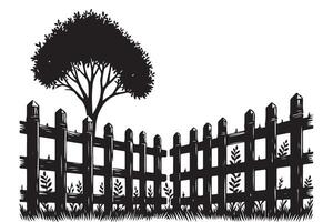 Enchanting garden illustration of rustic fence and lush tree silhouette vector