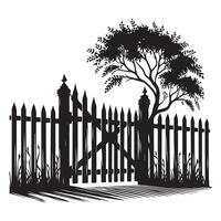 Charming garden gateway illustration with picket fence and tree silhouette vector