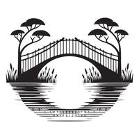 Serene Silhouette Japanese Bridge Illustration Over Water With Trees vector