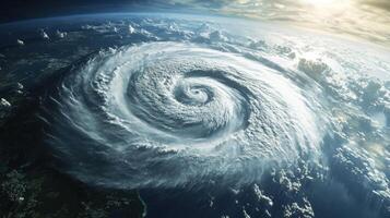 Satellite capture of a powerful tornado over water, realistic weather patterns. View from space photo