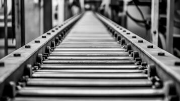 Industrial conveyor belt focused perspective in monochrome for manufacturing design. Conveyor Belt on a Modern Factory photo