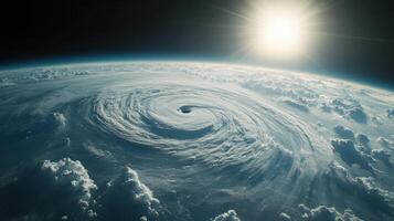 Earth's curvature and swirling hurricane, realistic satellite weather imagery. View from space photo