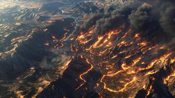 Earth's natural landscape and spreading wildfires, photorealistic space imagery. View from space photo