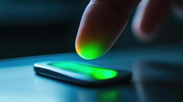 Finger touching biometric scanner with glowing green light for security authentication. 2fa authentication login photo