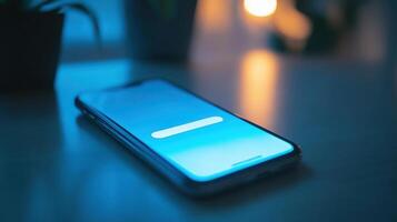 Smartphone on table with glowing screen in evening light. 2fa authentication login photo
