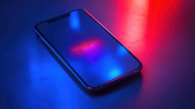 Smartphone display reflecting blue and red neon lights on dark surface. 2fa authentication login photo