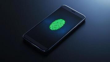 Smartphone with green fingerprint scanner on dark surface. 2fa authentication login photo
