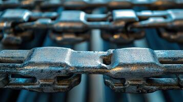 Metallic chain links in close-up for industrial design. Conveyor Belt on a Modern Factory photo