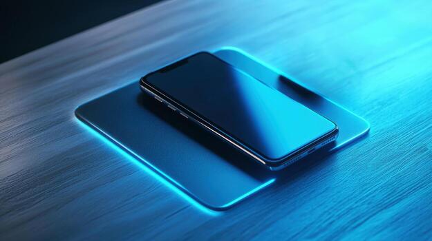 pulcro teléfono inteligente en futurista inalámbrico cargando almohadilla con azul neón Encendiendo. 2fa autenticación iniciar sesión foto