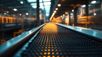 Industrial conveyor belt in factory setting with dramatic lighting. Conveyor Belt on a Modern Factory photo