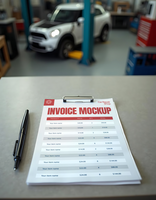 A car repair shop invoice sits on a counter with a pen a car visible in the blurred background psd