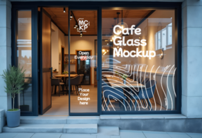 A cafe s glass storefront displays Cafe Glass Mockup with a design encouraging customers to place their design there it s open everyday psd