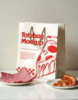 A tote bag mockup featuring a pizza design sits beside a slice of pizza and a checkered napkin psd