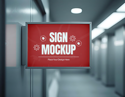 A red sign mockup displays Sign Mockup with a place to insert your design psd