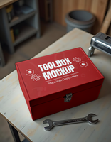 A red toolbox mockup with the words Toolbox Mockup and Place Your Design Here sits on a workbench next to a wrench psd