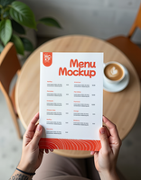 A menu mockup is being held at a cafe table. psd