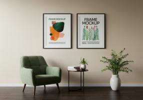 A sage green armchair sits beside a side table displaying books and plants in front of two framed abstract prints psd