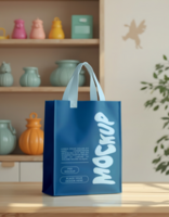 A blue mockup tote bag sits on a wooden table in front of a shelf with colorful pottery psd