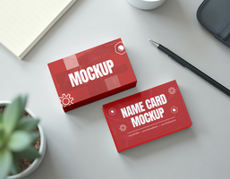 Red name card mockups with design elements on a grey surface psd