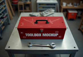 A red toolbox mockup sits on a workbench alongside a wrench psd