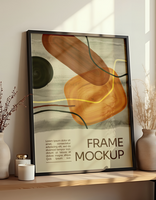 A modern abstract art print in a black frame sits on a shelf psd