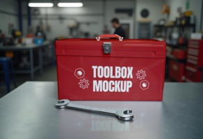 A red toolbox mockup sits on a workbench with a wrench beside it psd