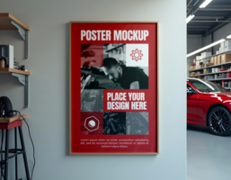 A red poster mockup showcasing a mechanic at work with space to add your own design psd
